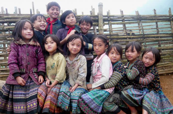 Hmong children in a primary school in the northern mountainous province of Lao Cai, Vietnam. 